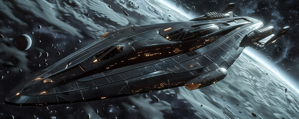 A sleek starship hurtles through the void of space, its destination a distant world on the edge of the galaxy.