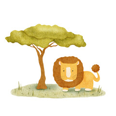 Cute baby lion on meadow. African feline animal and southern tree. Isolated hand drawn watercolor illustration of leo cub. Kid's Safari for baby shower, cards, posters, kid's goods and rooms