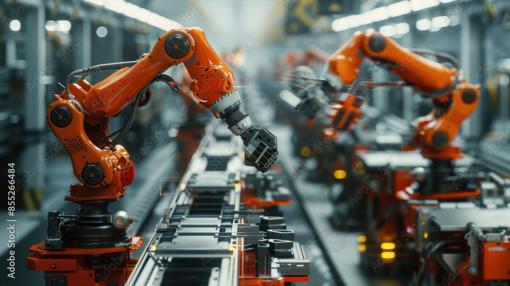 Poster a row of orange robotic arms work in unison on a production line, assembling parts with precision.