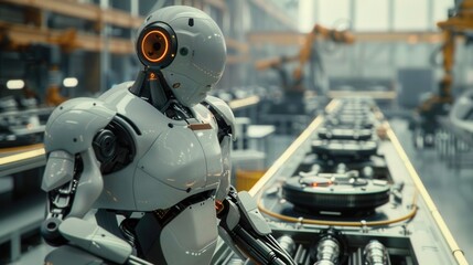 Fototapeta premium A white humanoid robot stands near a conveyor belt in an industrial setting.