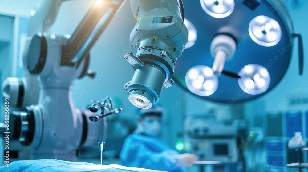 Poster a robotic arm with a camera is positioned over a surgical table in an operating room, with a surgeon