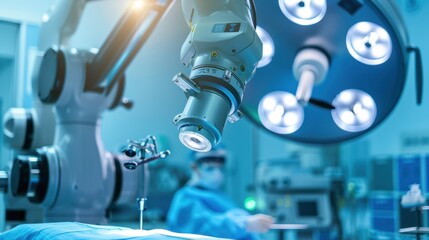 A robotic arm with a camera is positioned over a surgical table in an operating room, with a surgeon blurred in the background.