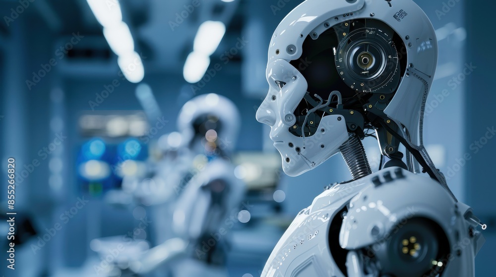 Poster a white robot with visible gears and wires stands in a factory setting. the robot has a human-like f