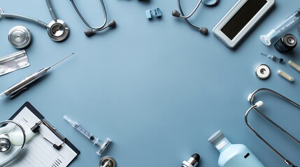 Organized medical checkup tools on a plain background, with space for text, ideal for clinical exams and diagnostic services