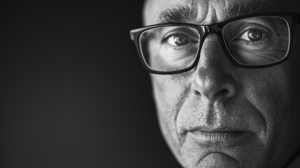 A close-up view of a man wearing glasses in a classic black and white photo