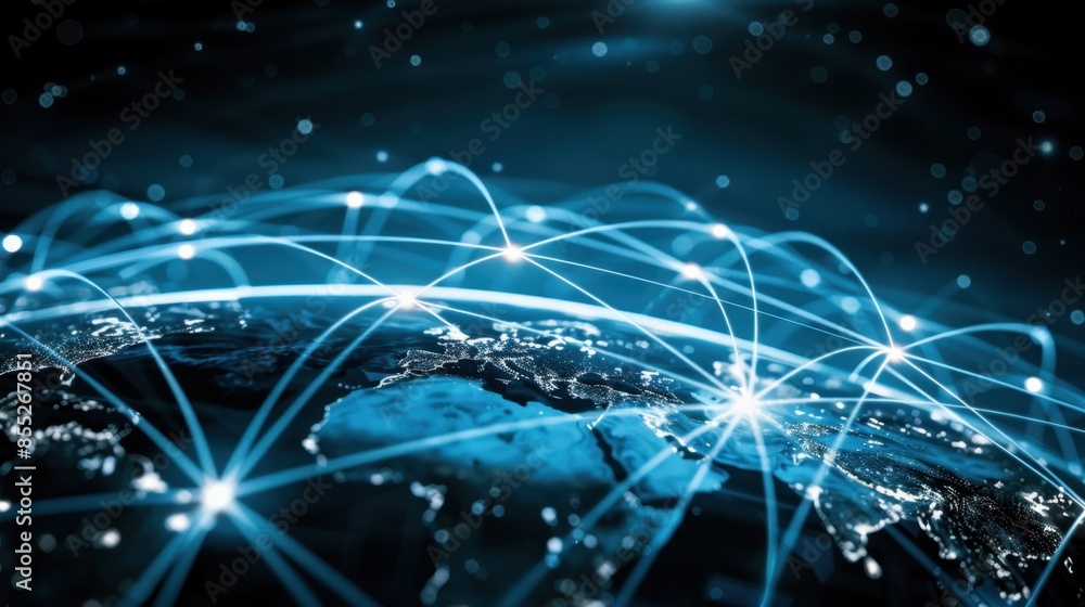 Poster a stylized map of the earth with glowing blue lines representing connections across continents, symb