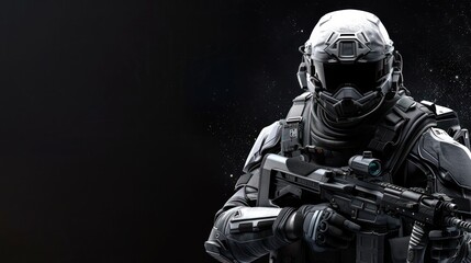 A soldier in advanced combat gear stands against a starry background, suggesting a science fiction or space exploration theme