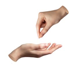 Hand pinching, taking, giving, picking. Finger grabbing, holding. Pleading, begging. Gesture sign, demanding, requesting. Isolated on white., transparent PNG cutout