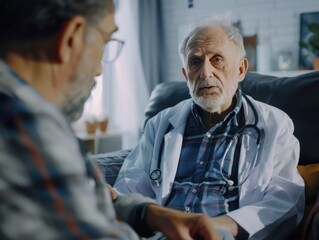 Fototapeta premium A person in a doctor's coat sitting on a couch, possibly waiting for a patient or taking a break