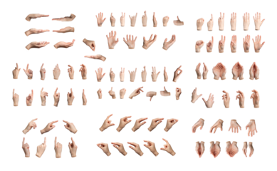Hand gestures, big set. Different signs with fingers, palm, fist. Isolated on white background. Arm holding, showing, counting. 3D icons. Up, left, open, cupped views. Collection, transparent PNG