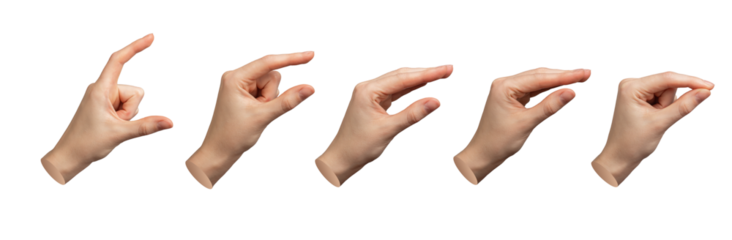 Hand gestures showing size from big to small. Pinch, catch, hold, isolated on white. Arm grabbing, comparing, seizing, set, transparent PNG cutout