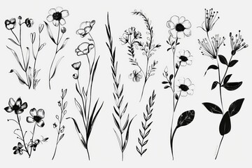 minimal botanical graphic sketch drawing, trendy tiny tattoo design, floral elements vector illustration. PNG.Transparent .black and white 