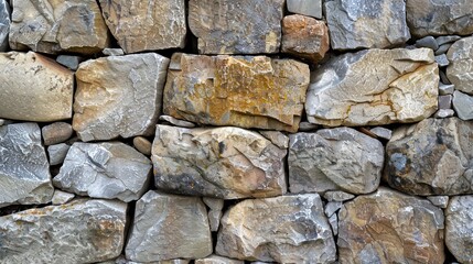 Obraz premium Detailed image showcasing the texture and pattern of a wall made from various interlocking stones of different colors