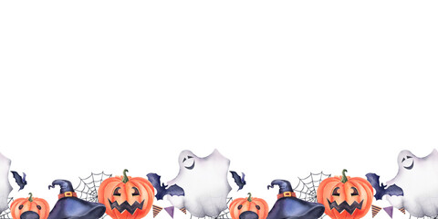 Fototapeta premium Pumpkin, ghost, bat, spider web, hat and flags for Halloween. Watercolor illustration. Rectangular seamless frame on a white background. A template for a greeting card.
