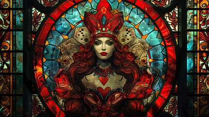 Obraz premium A woman in a red dress is holding a deck of cards