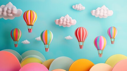 Vibrant paper art with hot air balloons rising above colorful hills against a blue sky, adorned with white paper clouds