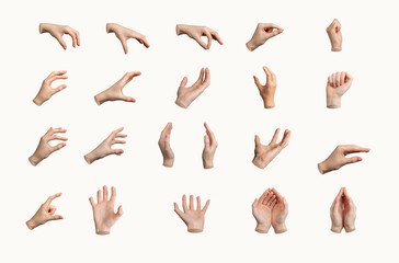 Hand gesture set, various signs. White background, isolated different arm positions. Palm, fist...