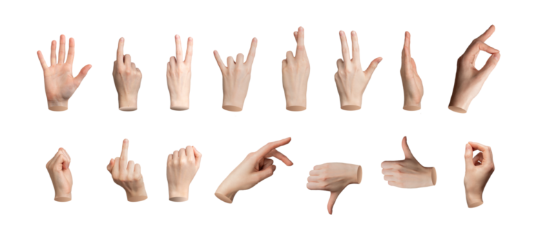 Hand gesture set, different signs. Isolated white arm, finger, fist, OK, thumbs up and down, victory, horns, pinch. Basic 3D icons. Peace, pointing, communication symbols., transparent PNG cutout