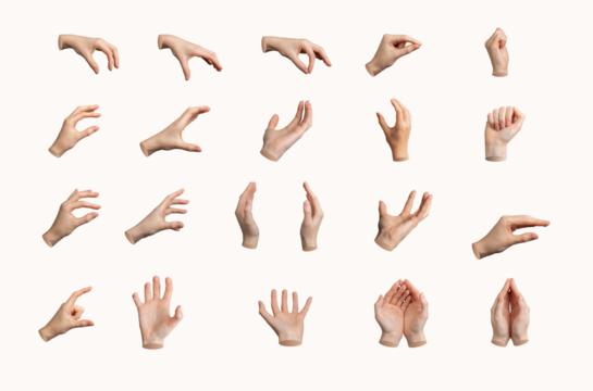 Hand gesture set, various signs. White background, isolated different arm positions. Palm, fist icons. Showing pinch, pick, grab, and grip. Reaching, protection, catch, giving,, transparent PNG cutout