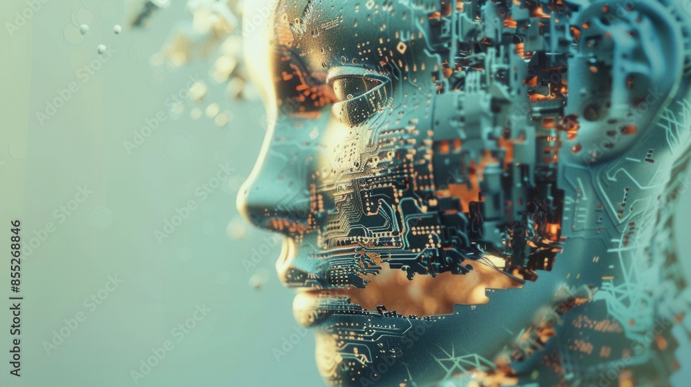 Poster a digital portrait of a human face constructed with an intricate network of circuits and electronic 