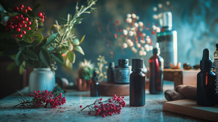 A black cosmetic bottle set on a wooden table, illuminated by sunlight