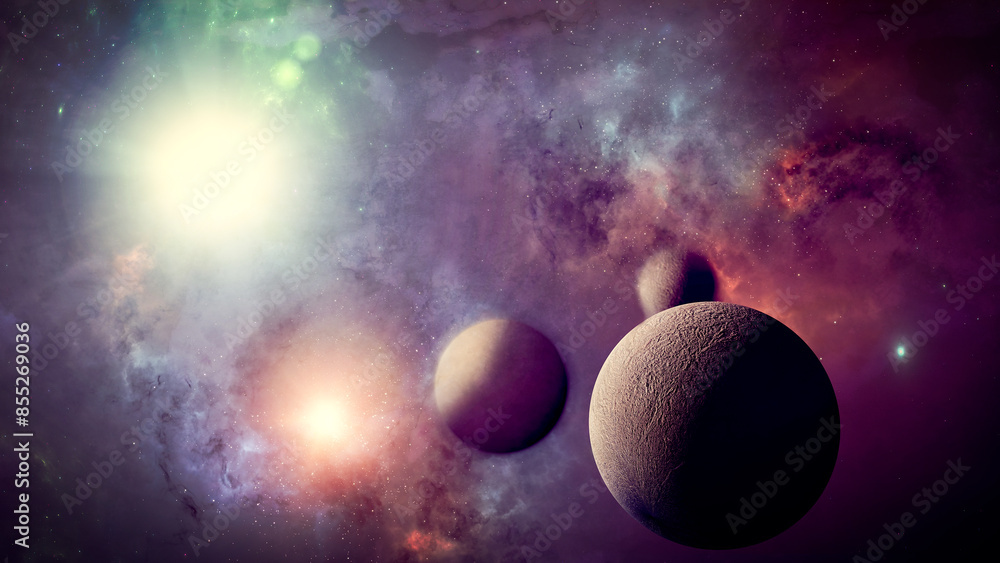Wall mural sun from another galaxy and exoplanets, stars and planets from distant universes. 3d rendering