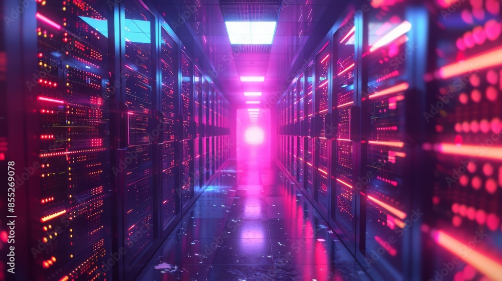 Poster neon-lit futuristic server room corridor. a brightly illuminated server room with neon lights and hi
