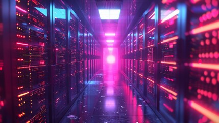 Obraz premium Neon-lit futuristic server room corridor. A brightly illuminated server room with neon lights and high-tech equipment, creating a futuristic and technologically advanced atmosphere.