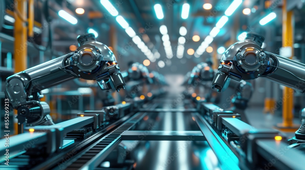 Poster a futuristic factory assembly line with robotic arms working in sync to produce products.