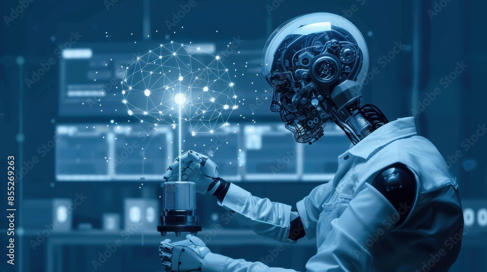 Poster a robot scientist examines a digital brain illustration in a laboratory setting. the metallic robot'