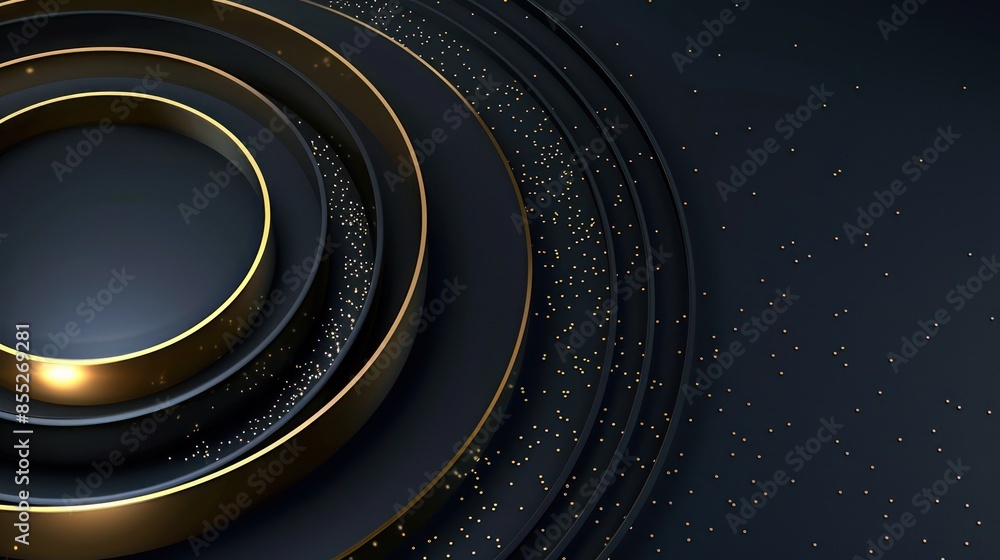 Poster elegant golden concentric circles with glittering particles on a luxurious dark blue backdrop creati