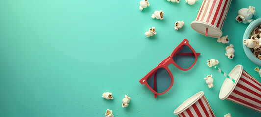 Red sunglasses, popcorn, and soda cups on a turquoise background