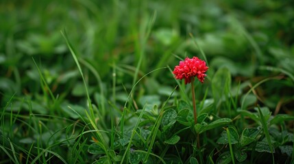 Adorable red flower stands out in a field of green grass