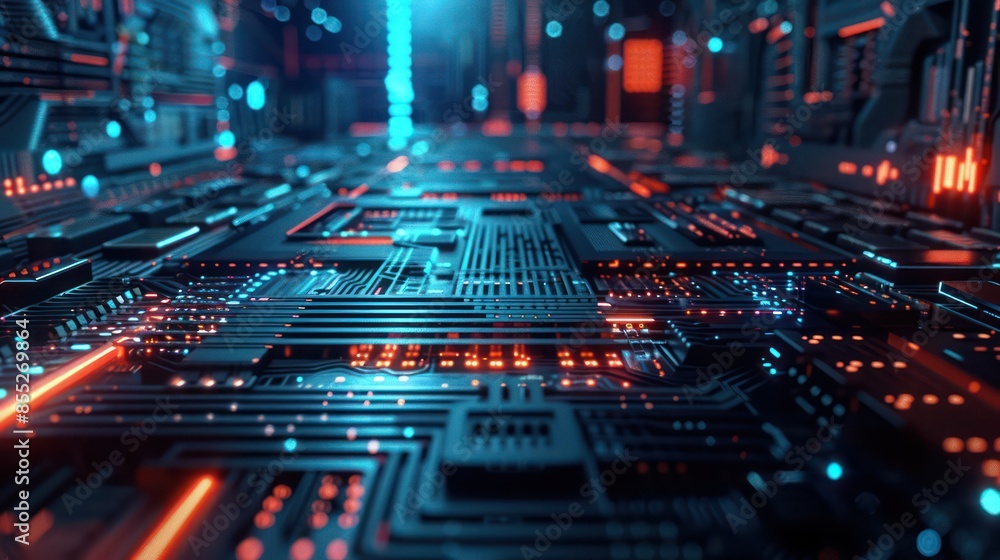 Poster detailed view of a futuristic circuit board with blue illuminated lines, emphasizing technology and 