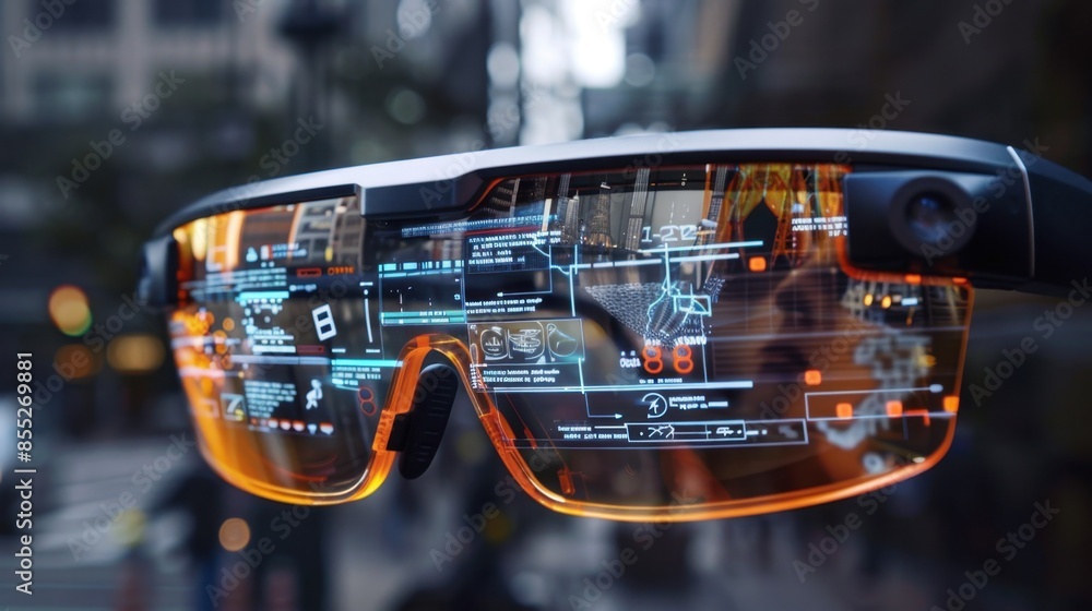 Poster a close-up shot of futuristic augmented reality glasses with a digital display showcasing data and i
