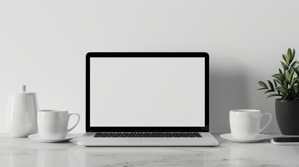 A minimalist workspace with an open laptop with a blank screen, coffee cups, a plant, and a jug on a white surface