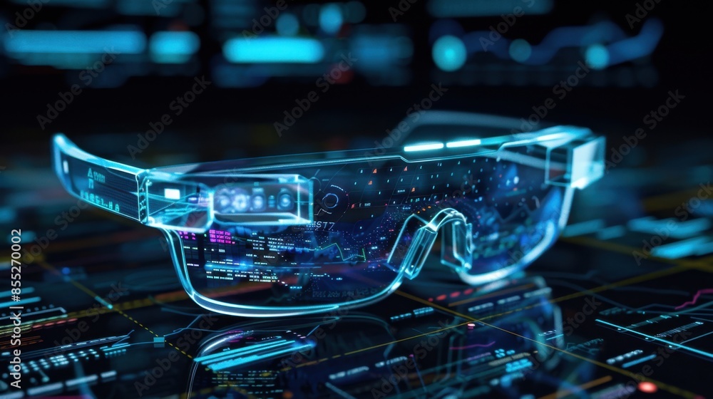 Poster a pair of sleek, futuristic glasses with a digital display reflecting information and data.
