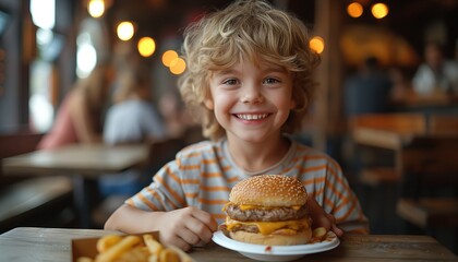 A laughing boy joyfully holding a burger represents simple pleasures and childhood happiness