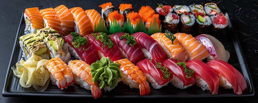 A sushi platter with colorful sashimi, nigiri, and maki rolls, arranged artfully on a black plate.