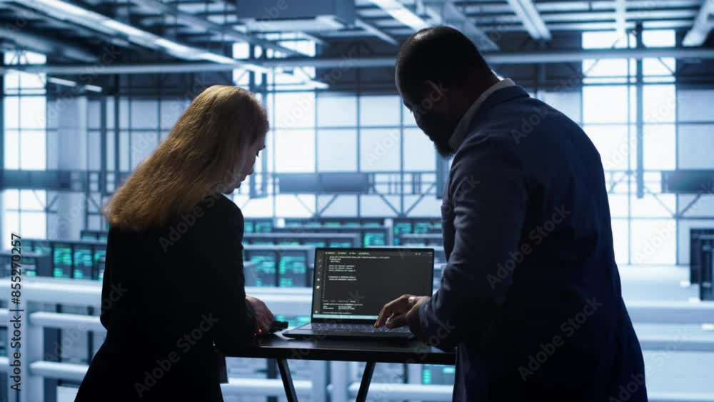 Poster team of developers doing maintenance checkup using laptop to prolong data center hardware life span.