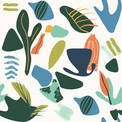 seamless pattern with leaves and flowers. Seamless pattern with hand drawn leaves. Vector illustration. Background.