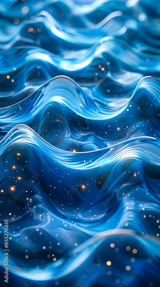 Poster Dynamic Blue and Turquoise Abstract Waves with Sparkling Lights in 3D Rendering for Futuristic Design and Creative Background Concepts