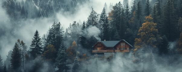 A secluded mountain cabin nestled among towering pine trees, with smoke rising from the chimney into the crisp mountain air.