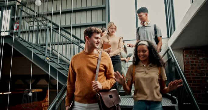 College, steps and students walking with conversation, planning or classroom subject discussion. University, stairs and gen z crowd of friends leaving campus for group project, learning or education