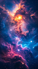 Naklejka premium Stunning Cosmic Nebula and Star Field in Deep Space, Colorful Interstellar Clouds and Bright Stars in Galactic Background, Astronomy Image for Space Enthusiasts, Mystical Cosmos Beyond Milky Way