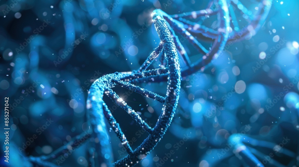 Poster a 3d rendered dna double helix, illuminated with a soft blue light and floating against a dark blue 