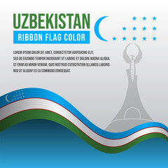 Uzbekistan ribbon flag with Yangi Ozbekiston Monument silhouette and decoration