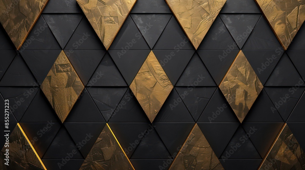 Poster an elegant wall featuring a geometric pattern with alternating black and gold textured tiles, reflec