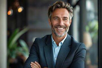 Smiling confident latin hispanic mature business man standing isolated on grey background. Older senior businessman, 40s 50s male professional ceo, coach, leader looking at camera. Banner, copy space.