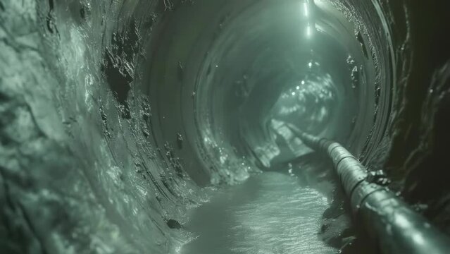 A dimly lit underground sewer tunnel with murky water flowing through it. A long pipeline runs parallel to the tunnel walls. The mood is eerie and damp, suggesting maintenance.